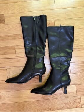 Black Mid-Calf Pointed Toe Leather Boots